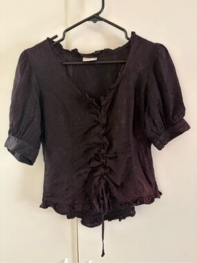 Women's Black Lace-Up Puff Sleeve Blouse